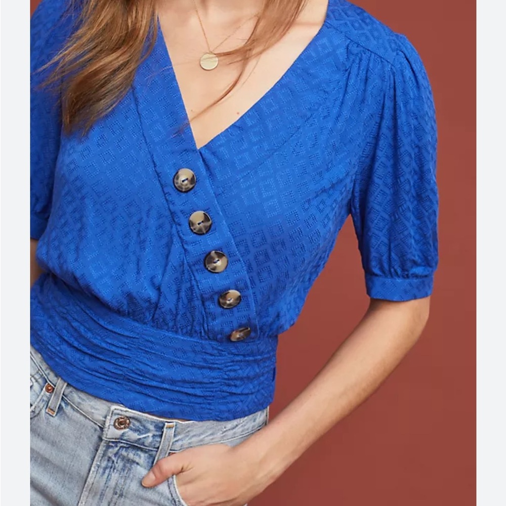 Maeve Cobalt Blue Textured V-Neck Button Wrap Blouse